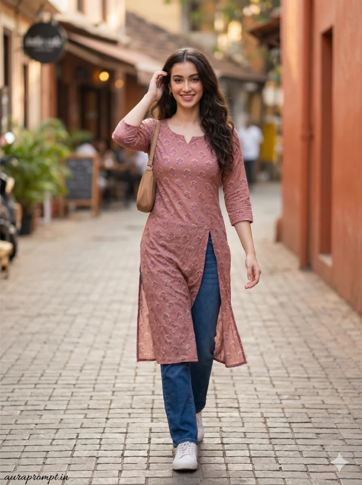Indian girl in dusty rose printed kurti and indigo denim jeans walking a cobblestone cafe lane in a Gemini AI girl in kurti denim prompt result