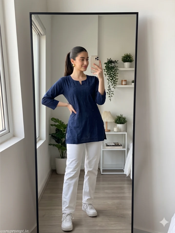 Indian girl in navy blue embroidered kurti and white straight denim taking a mirror selfie in a minimal bedroom using a copy paste Gemini fashion prompt