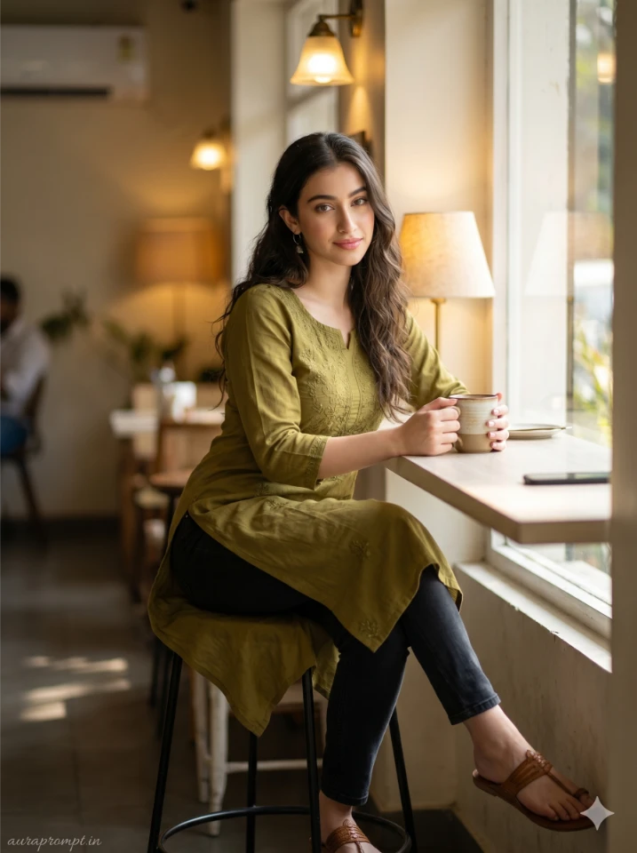 Indian girl in olive green kurti with thread work and black denim jeans sitting at a cafe window seat in an Indo western girl AI prompt edit