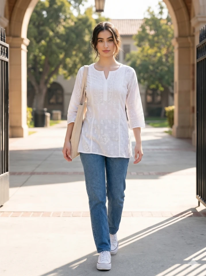 Young Indian woman in white block print kurti and high-waisted blue straight denim at a sunlit campus gate captured with a Gemini AI denim kurti look prompt
