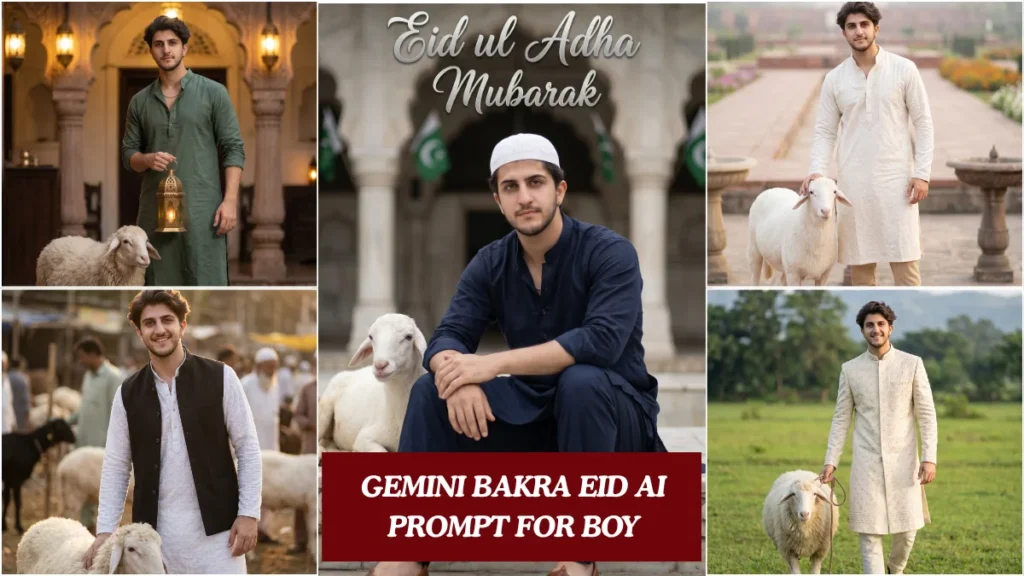 Collage of 5 Gemini Bakra Eid AI prompt results showing Indian men in white kurta and black koti with sheep in festive Eid ul Adha settings