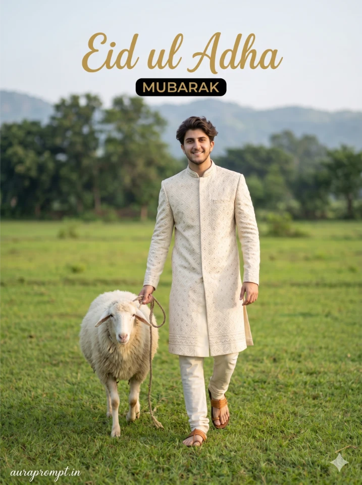 Bakrid AI photo generator prompt result showing Indian man in navy blue pathani suit walking through festive bazaar with white sheep