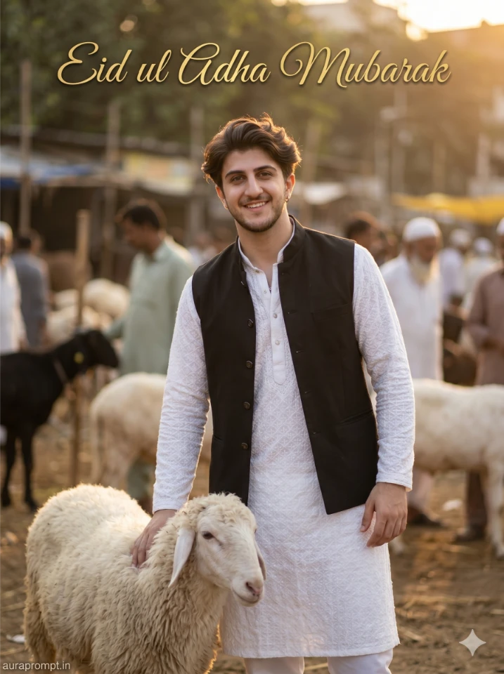 Gemini Bakra Eid AI prompt result showing young Indian man in white kurta standing in traditional Eid market with fluffy white sheep
