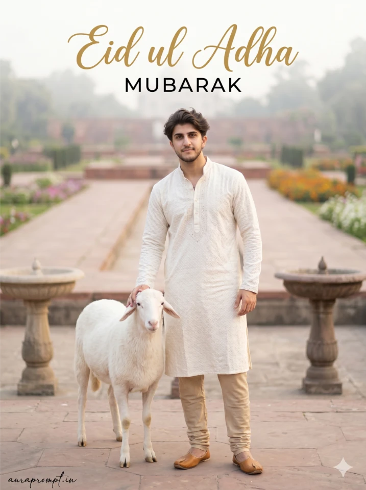 Gemini Eid Mubarak AI image prompt result showing young Indian man in ivory embroidered kurta standing in Mughal heritage garden with white sheep and soft bokeh background