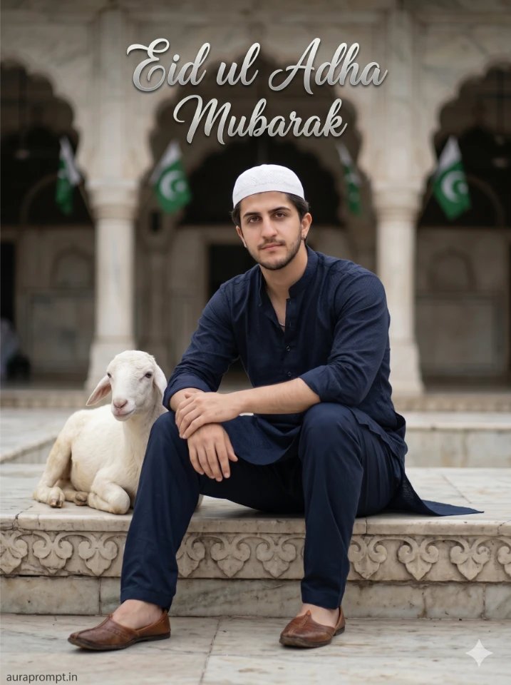 Google Gemini Eid ul Adha photo prompt result of man in black embroidered kurta sitting in mosque courtyard with soft marble background