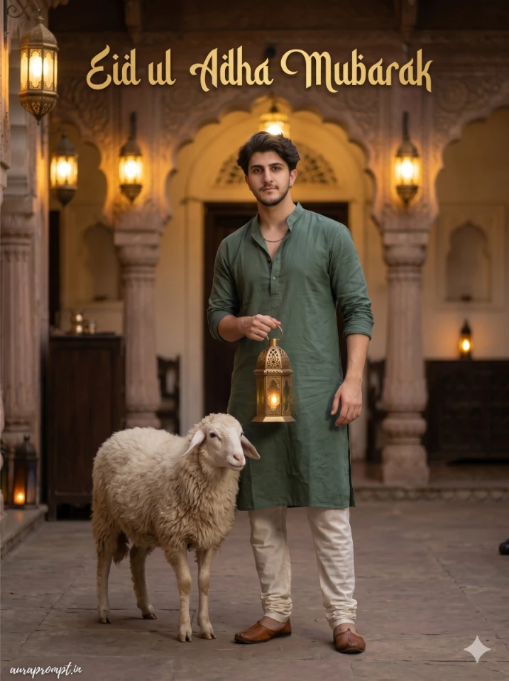 Gemini AI festival image generator output of man in cream sherwani posing in open green field with natural morning light and sheep
