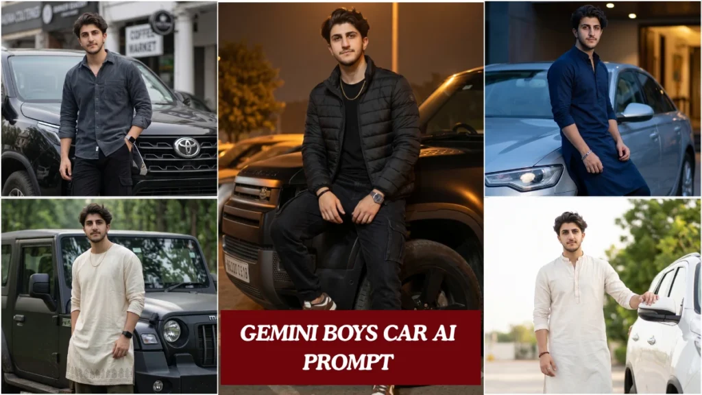 stylish Indian boy leaning against a black SUV at night using a Gemini Boys Car AI Prompt for cinematic Instagram edits