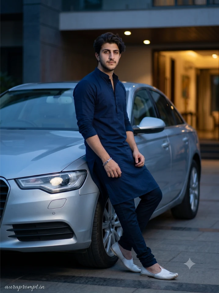 Confident Indian boy in dark navy kurta set beside a silver sedan using Google Gemini Cinematic Car Prompt with moody blue tones