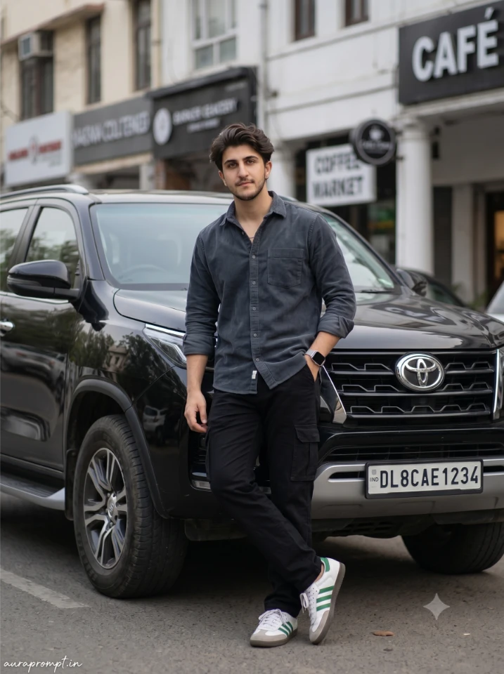 Stylish boy in grey corduroy shirt leaning against a black Fortuner using Google Gemini Boys Car Photo Editing Prompt on urban street