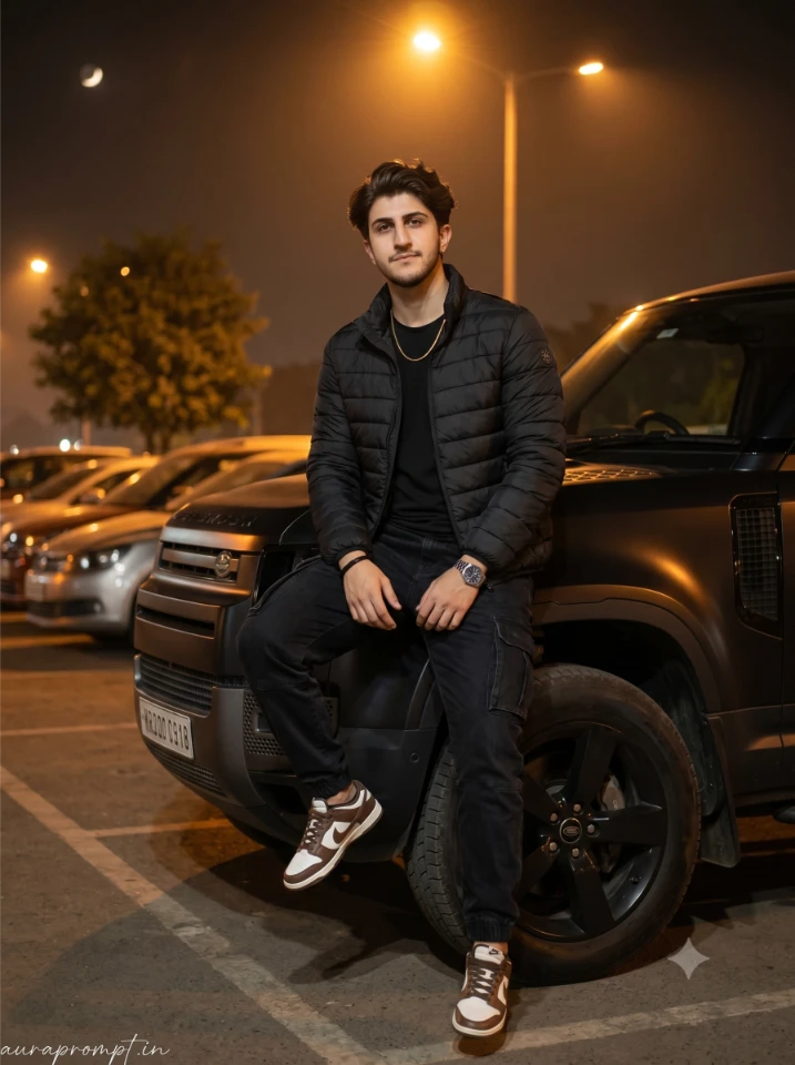 Indian boy in black outfit sitting on a black Defender bonnet using Gemini Boys Car AI Prompt at night with streetlights