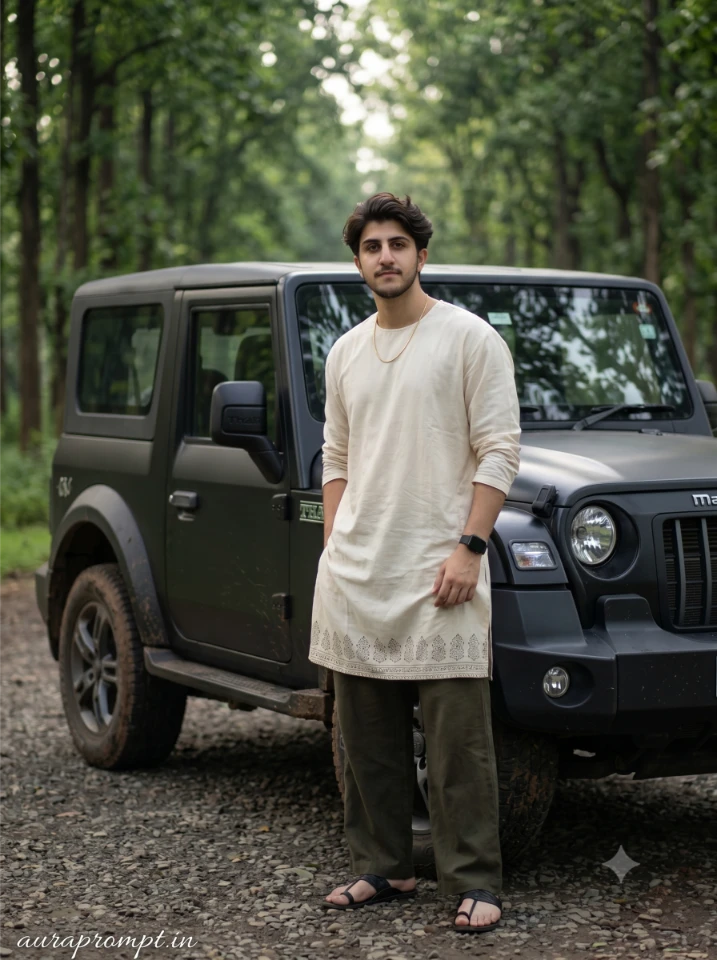 Boy in cream oversized kurta with dark trousers standing near black Thar using Trending Boys Car Editing Prompt 2026 in forest background