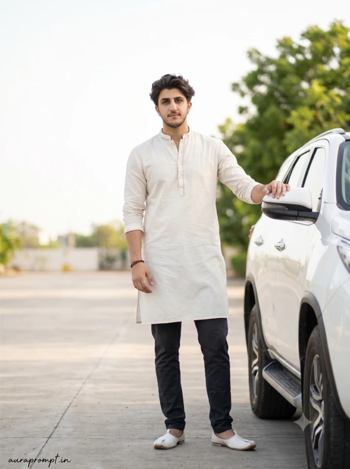 Young Indian man in white Indo-western kurta beside a white SUV using Gemini AI Car Photo Prompt for boys in afternoon light