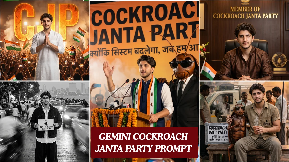 Gemini Cockroach Janta Party prompt collage showing cinematic CJP AI edited political rally posters with Indian man in white kurta orange campaign banners and cockroach mascot