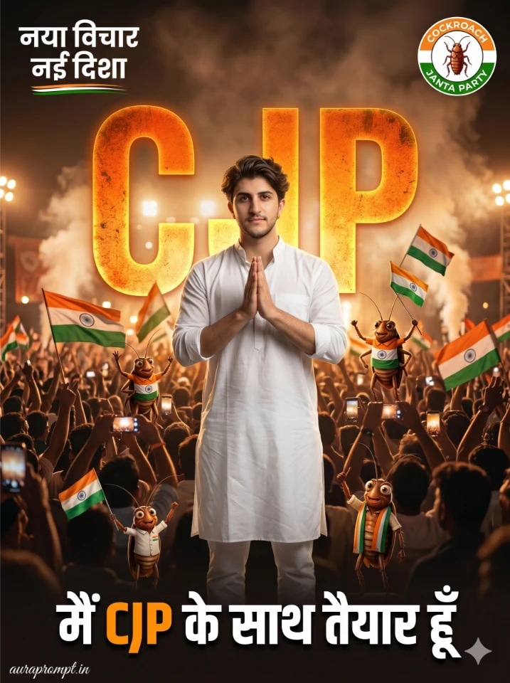 Gemini Cockroach Janta Party prompt of Indian man in white kurta doing namaste pose in foreground with giant orange CJP typography and cockroach mascots in cinematic rally background