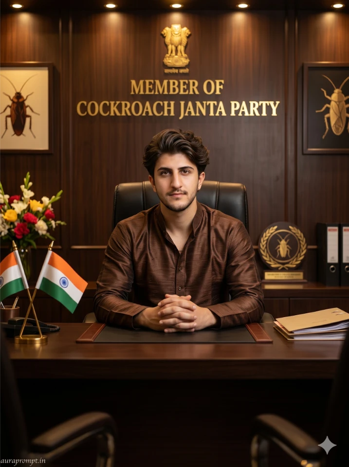 Gemini Cockroach Janta Party prompt showing Indian man in deep brown kurta seated at luxury wooden desk inside dark CJP political headquarters with golden wall branding