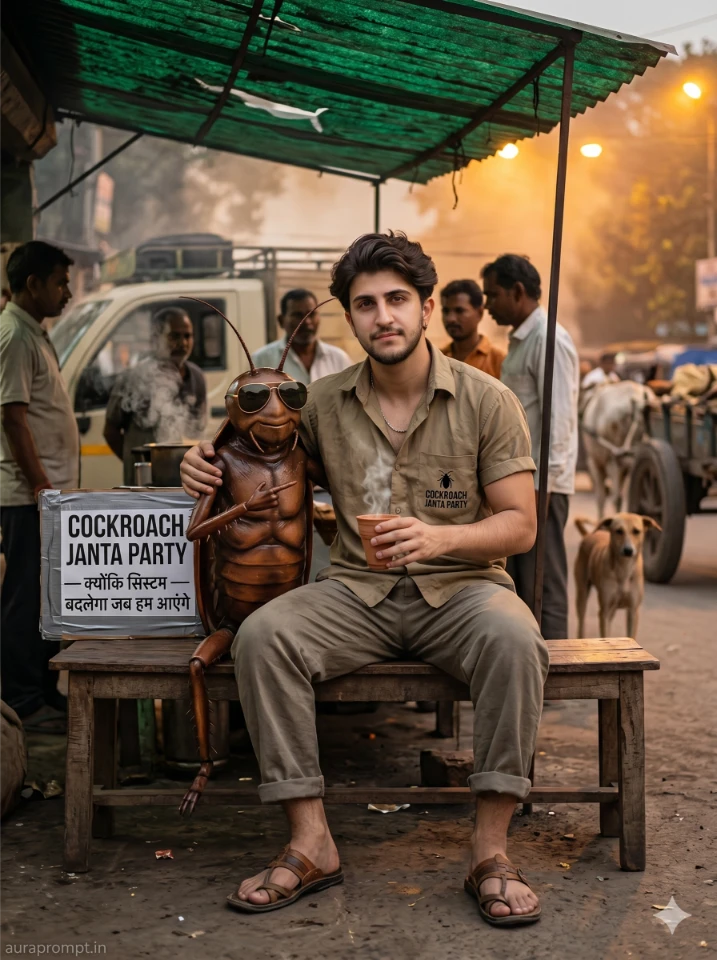 Gemini Cockroach Janta Party prompt showing Indian man in khaki shirt sitting at roadside chai tapri with cockroach mascot under warm amber sodium lamp light