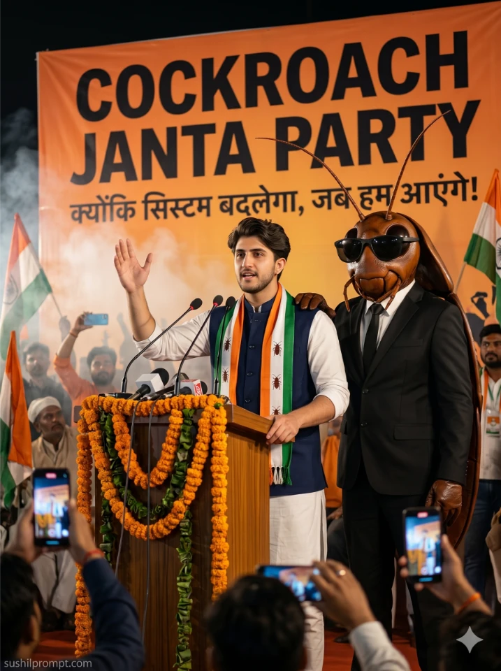 Gemini Cockroach Janta Party prompt of Indian man in white kurta and navy Nehru jacket standing at marigold decorated CJP political podium with cockroach mascot beside him