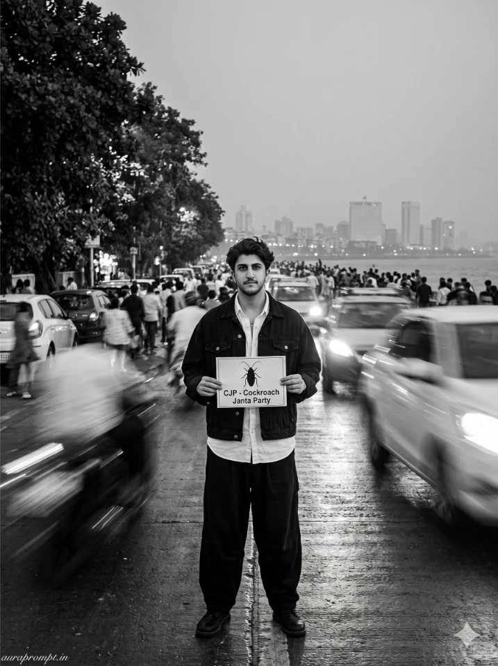 Gemini Cockroach Janta Party prompt black and white cinematic portrait of Indian man in black denim jacket holding CJP protest board on Mumbai Marine Drive at night