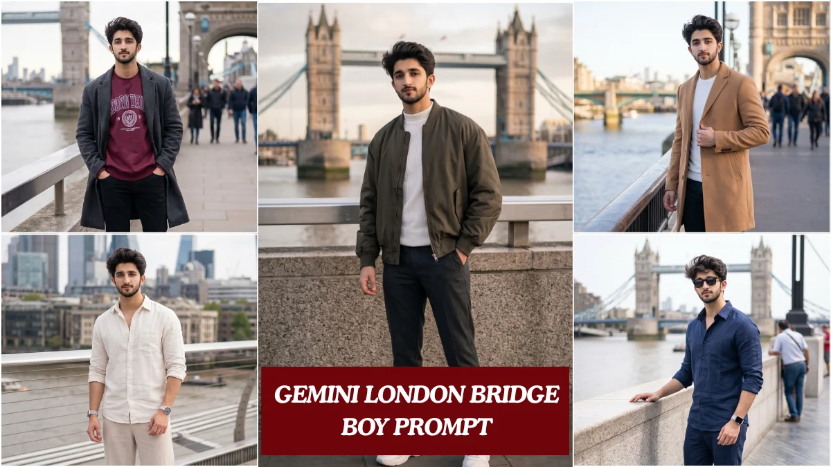 Five cinematic Gemini London Bridge boy prompt results showing Indian men in streetwear and Pinterest outfits posed on London Bridge with Thames river background