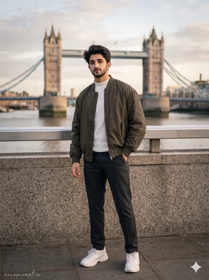 Indian man in dark olive bomber jacket posing on London Bridge with Thames bokeh background using Gemini London Bridge Boy Prompt