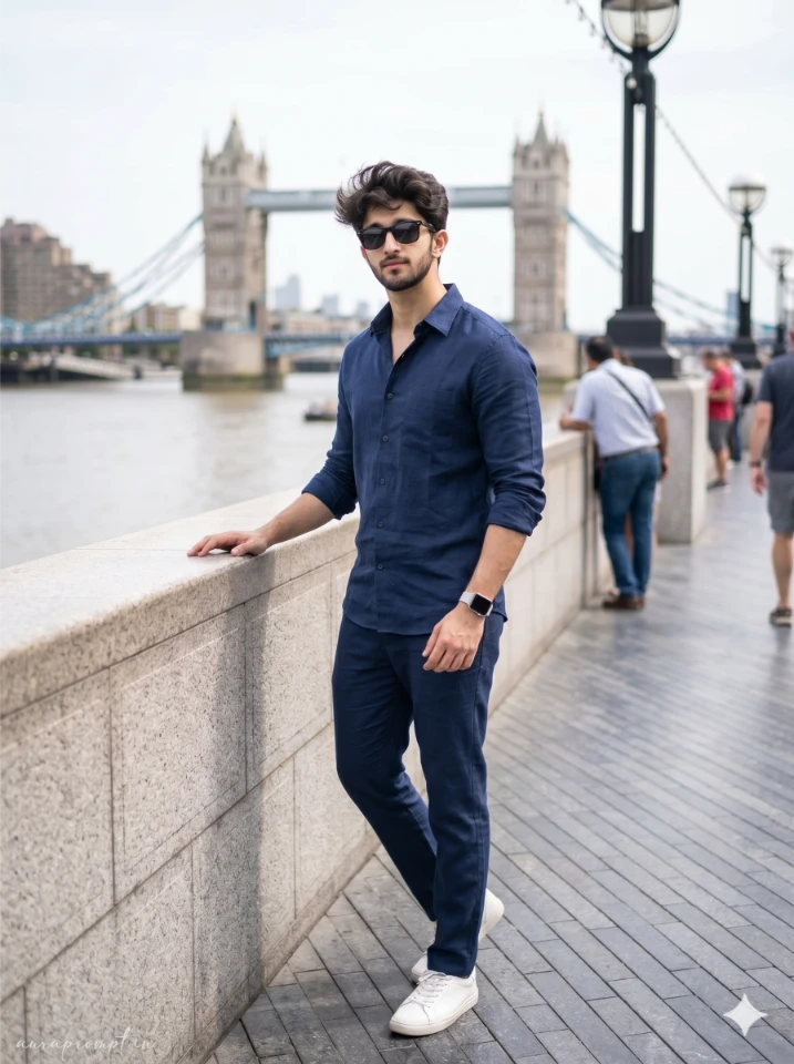 Young Indian man in navy coord set standing on London Bridge pedestrian walkway with clean midday sky in AI portrait prompt result