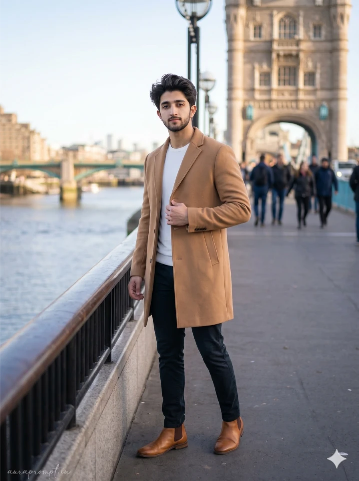 Indian man in camel overcoat and tan Chelsea boots captured mid-step on London Bridge with Tower Bridge visible in background using Gemini AI prompt