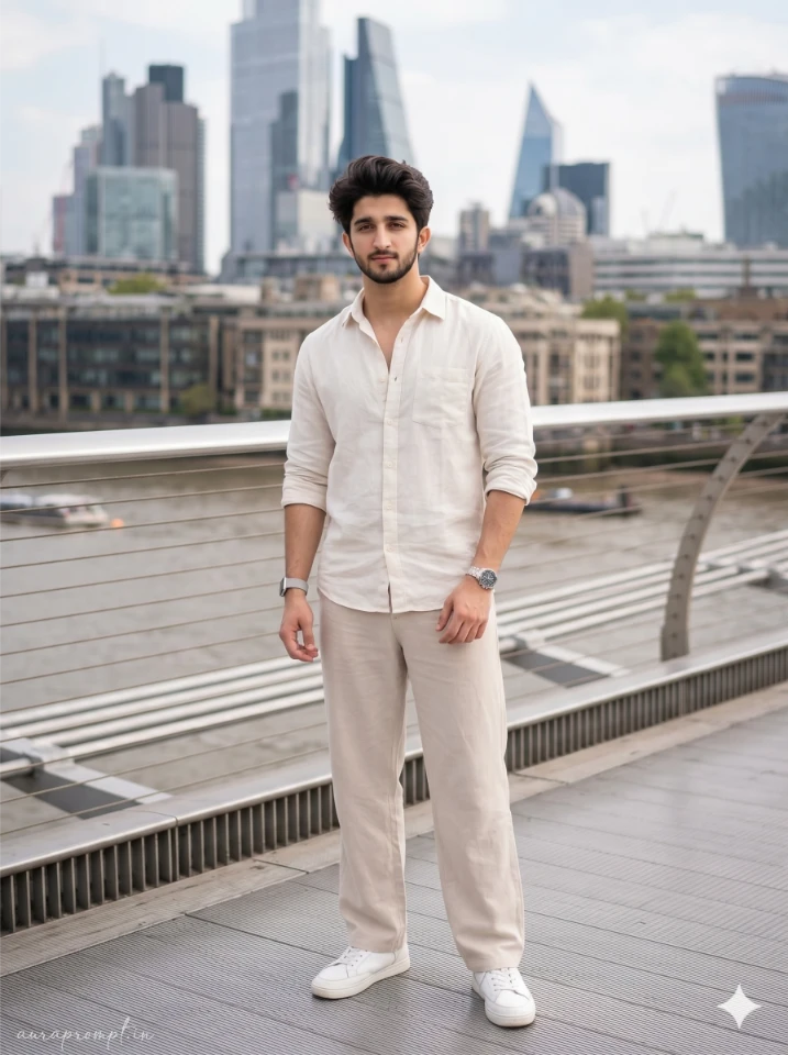 Young Indian man in off-white linen Pinterest summer outfit standing on London Bridge with airy neutral color grade from Gemini London Bridge Boy Prompt