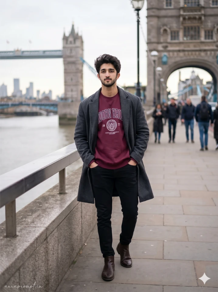 Indian man in burgundy streetwear and dark grey coat on London Bridge with cinematic city haze background from Gemini AI photo prompt