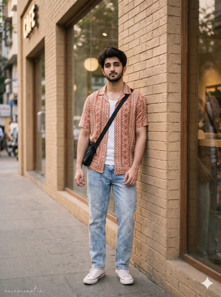 A stylish Indian man in a Pinterest-inspired outfit generated using Gemini photo editing prompts for Instagram