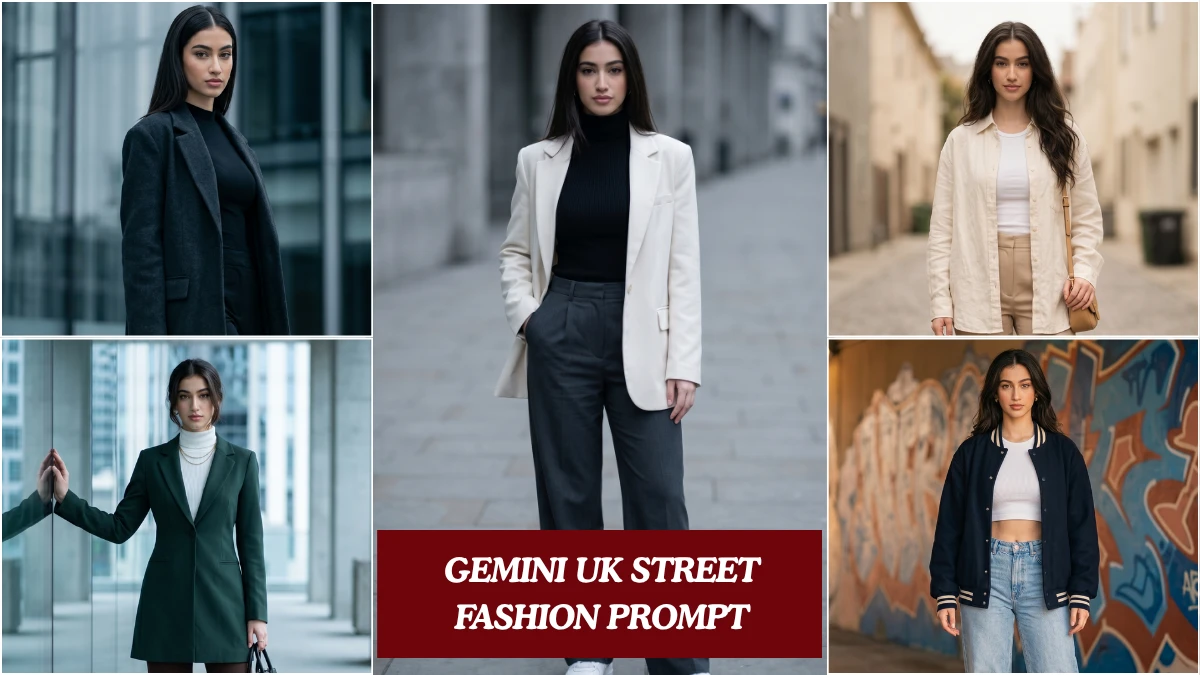 A collage of 5 AI-generated UK minimal street fashion looks for girls created using Gemini UK Street Fashion Prompt with Pinterest-style outfits and cinematic London editorial lighting