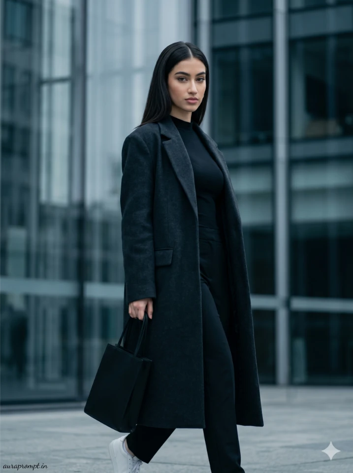 Indian girl in dark monochrome long charcoal coat and black trousers walking past a glass building facade, best Gemini prompts for girls fashion cinematic portrait