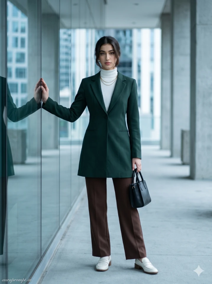 Young Indian woman in forest green tailored blazer dress and brown wide-leg trousers inside a modern glass corridor, Gemini UK Street Fashion Prompt architectural fashion editorial
