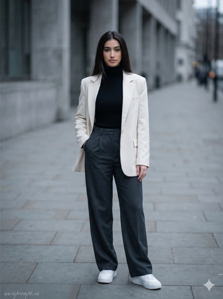 Indian girl in ivory oversized blazer and wide-leg charcoal trousers standing on a grey London pavement, Gemini UK Street Fashion Prompt minimal editorial portrait