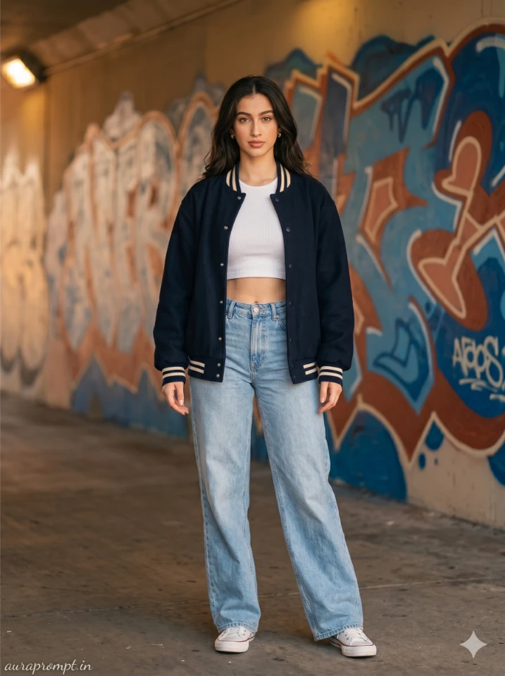 Girl in navy varsity jacket and light-wash wide-leg denim standing inside a graffiti tunnel underpass, viral street fashion prompt 2026 Pinterest aesthetic AI photo