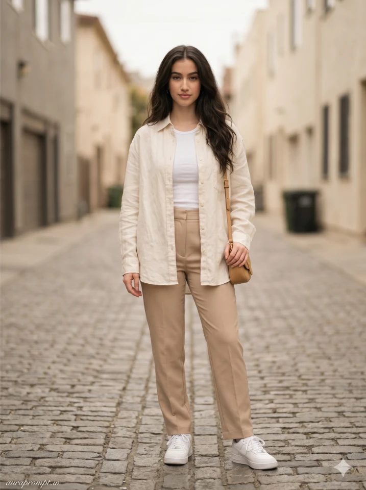 Indian girl in cream linen shirt and beige straight trousers on a quiet cobblestone lane with soft morning light, copy paste Gemini fashion prompts editorial realism