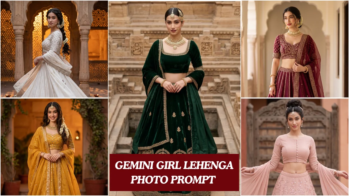 Gemini girl lehenga photo prompt showing Indian woman in standing , cinematic DSLR portrait style