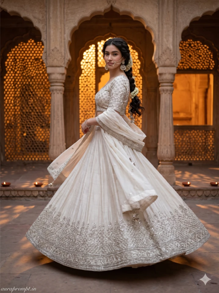 AI lehenga photo editing prompt output of Indian woman in ivory tissue silk lehenga with silver zardozi in a Rajasthani courtyard at dusk, editorial fashion photography