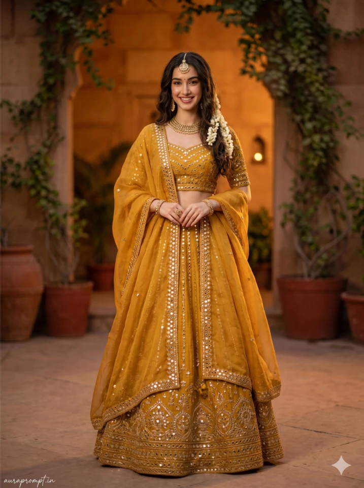 AI lehenga photo editing prompt result of a woman in mustard yellow lehenga standing in an open courtyard at dusk