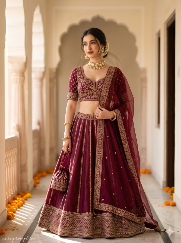 Gemini girl lehenga photo prompt result showing Indian woman in burgundy zari lehenga standing in a haveli corridor with marigold petals, cinematic Pinterest portrait