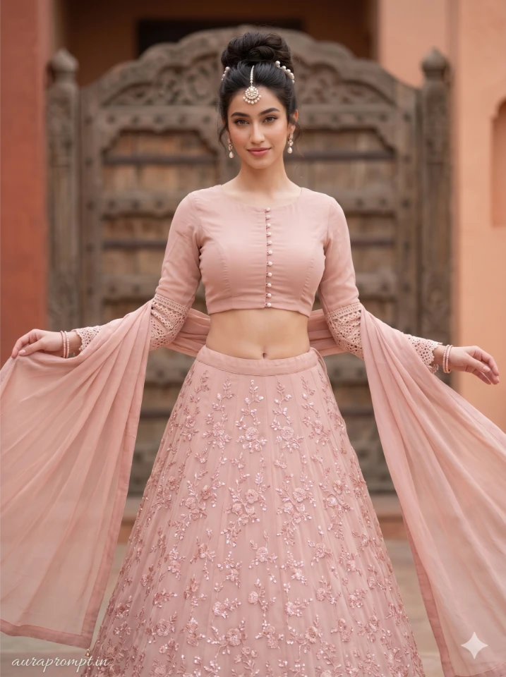 Lehenga AI prompt copy paste result showing Indian woman in blush pink georgette sequin lehenga posing with dupatta spread at a vintage wooden heritage gate, Pinterest bridal aesthetic