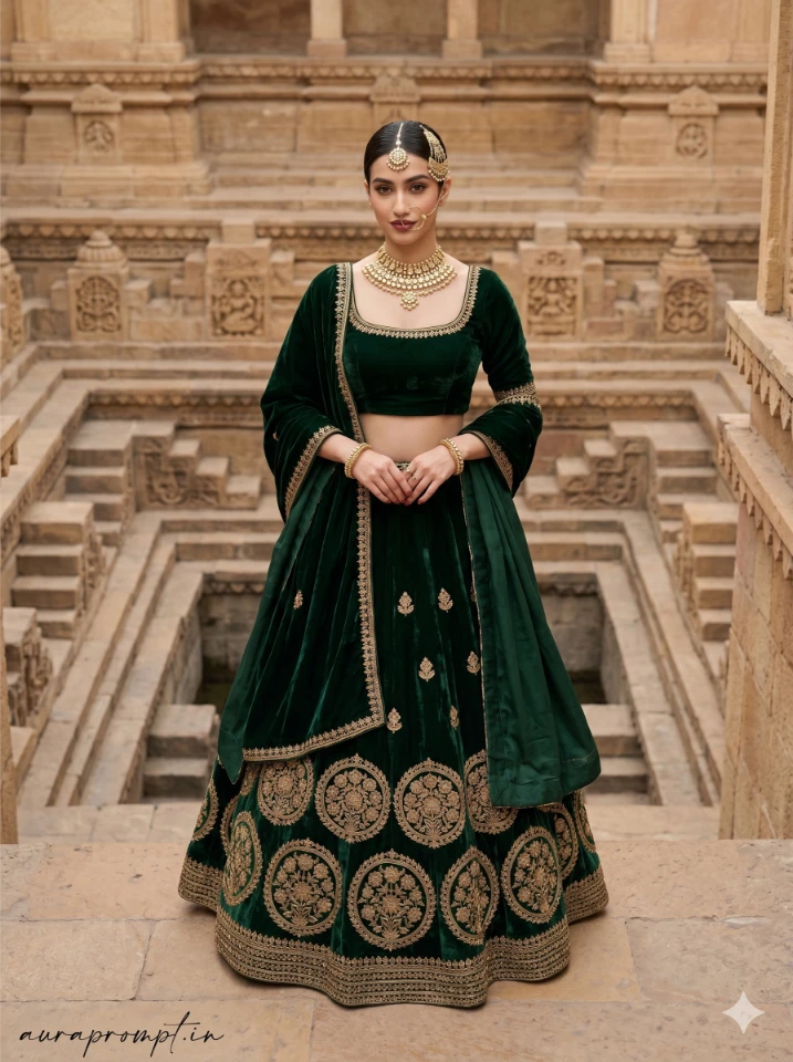 Google Gemini prompt for Indian girl showing woman in deep forest green velvet lehenga with gold Aari embroidery standing at a heritage step well, editorial fashion portrait