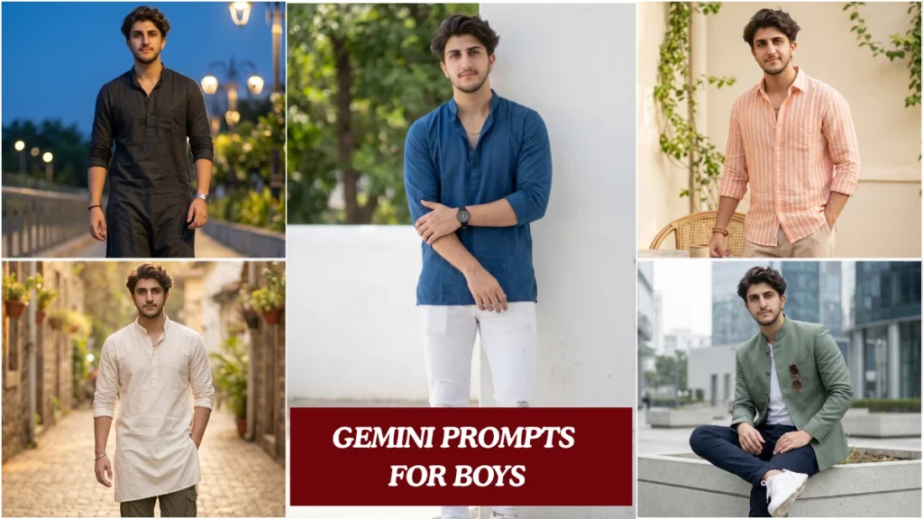Young Indian man in Indo-western outfit standing outdoors, generated using Gemini prompts for boys with Pinterest style lighting
