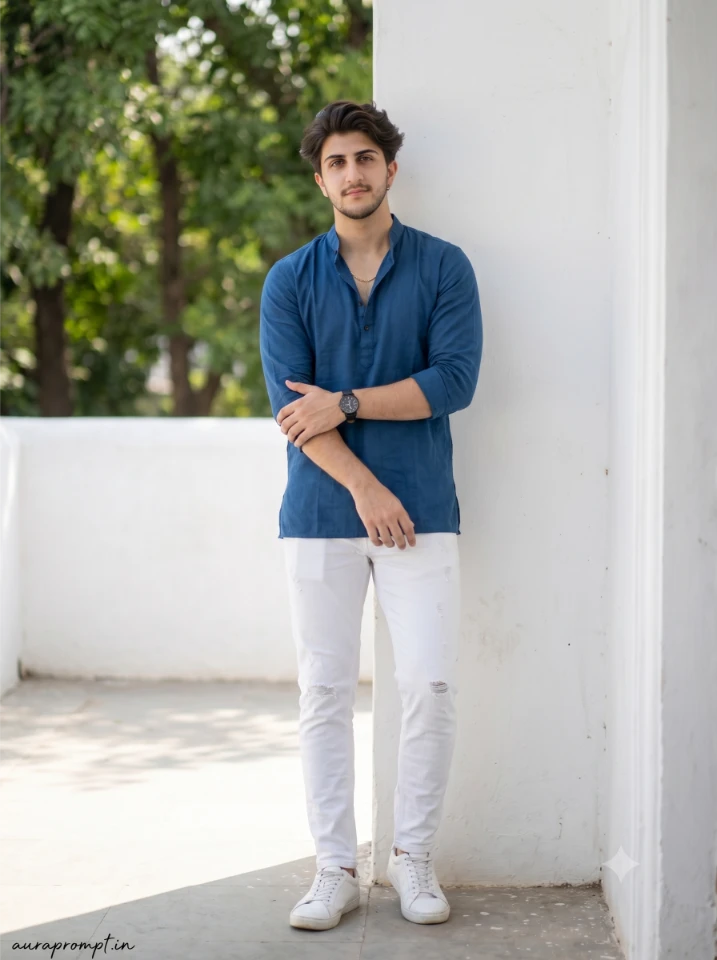 Indian creator in indigo blue short kurta and white denim against a whitewashed courtyard wall using Gemini AI photo prompt