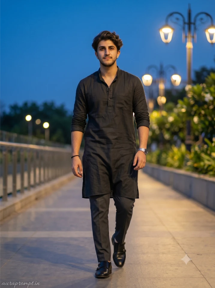 Indian man in dark charcoal longline kurta walking on a night pedestrian path, Gemini AI prompts for boys moody editorial look