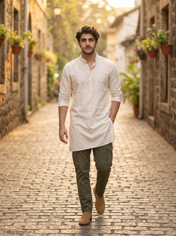 Young Indian man in off-white kurta and olive cargo pants on a cobblestone lane, generated using Gemini prompts for boys