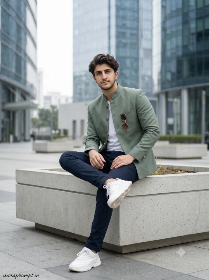 South Asian man in sage green Nehru jacket sitting on a concrete planter in an urban plaza, best Gemini prompts for boys attitude shot
