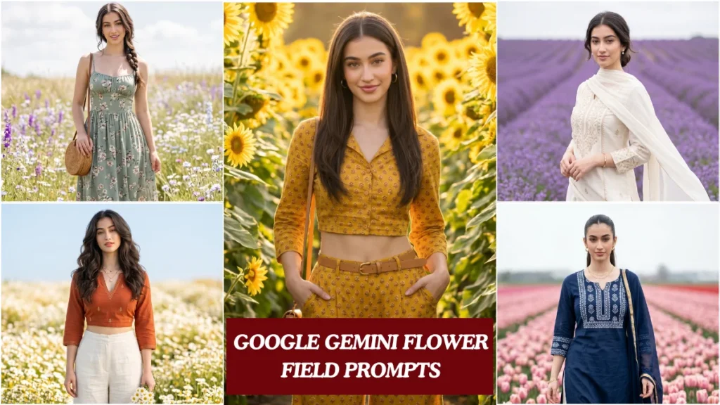 Indian woman in soft floral kurta standing in a colorful flower field generated using Google Gemini flower field prompts