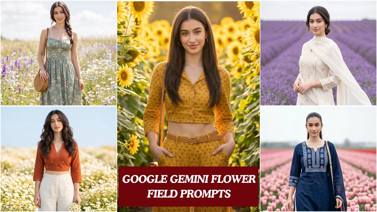 Indian woman in soft floral kurta standing in a colorful flower field generated using Google Gemini flower field prompts