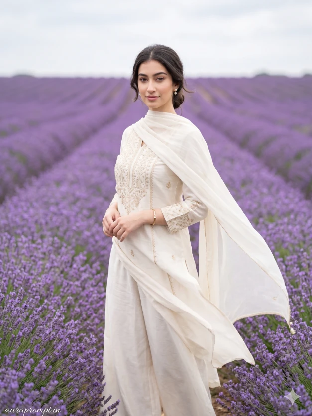 Indian woman in ivory embroidered kurta set standing in a lavender flower field with soft natural light using Google Gemini flower field prompts