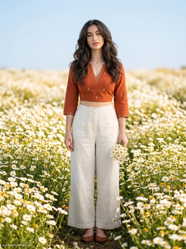 Indian woman in rust orange crop kurta and wide-leg pants in a daisy flower field using standing in flower field AI prompt on Gemini